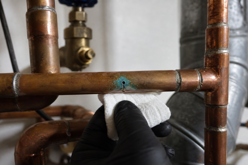 Gloved inspection of a small pinhole seep and mineral halo on residential copper pipe