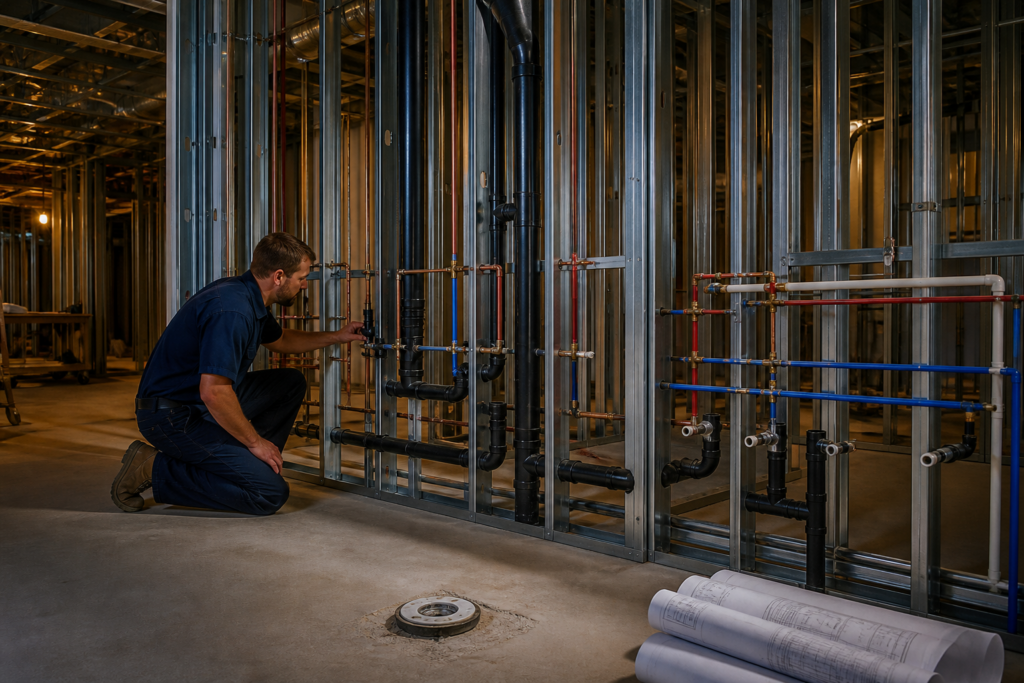 Commercial plumber inspecting exposed supply, drain, and vent rough-in for an Indianapolis tenant build-out