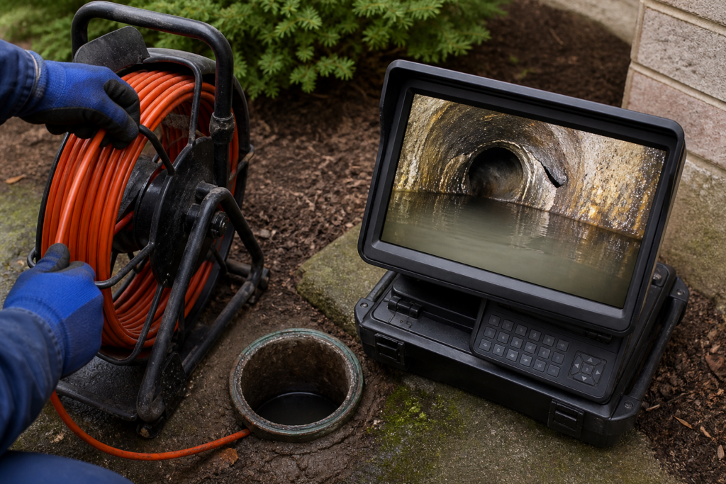 Sewer camera monitor showing standing water obscuring the lower pipe wall during an Indianapolis inspection