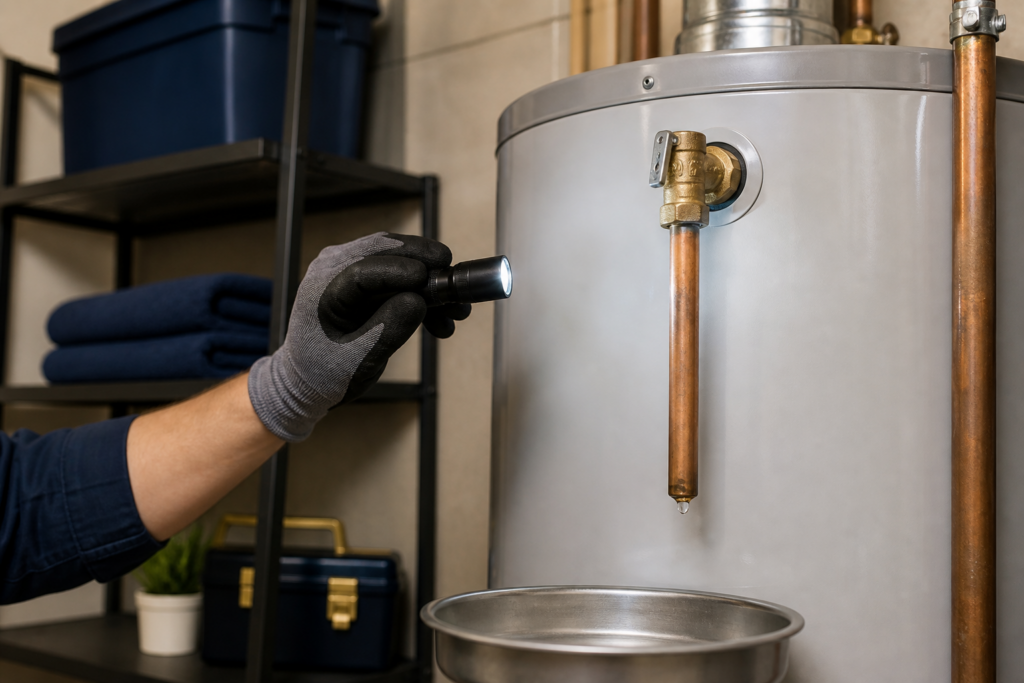 Gloved non-contact inspection of a dripping brass water-heater T&P relief valve and copper discharge tube