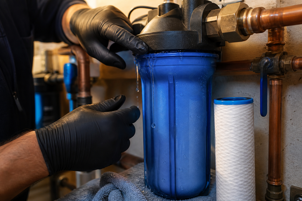 Whole-house water filter housing leaking at the cap seam after a cartridge change, with the canister, relief control, and pipe connections visible