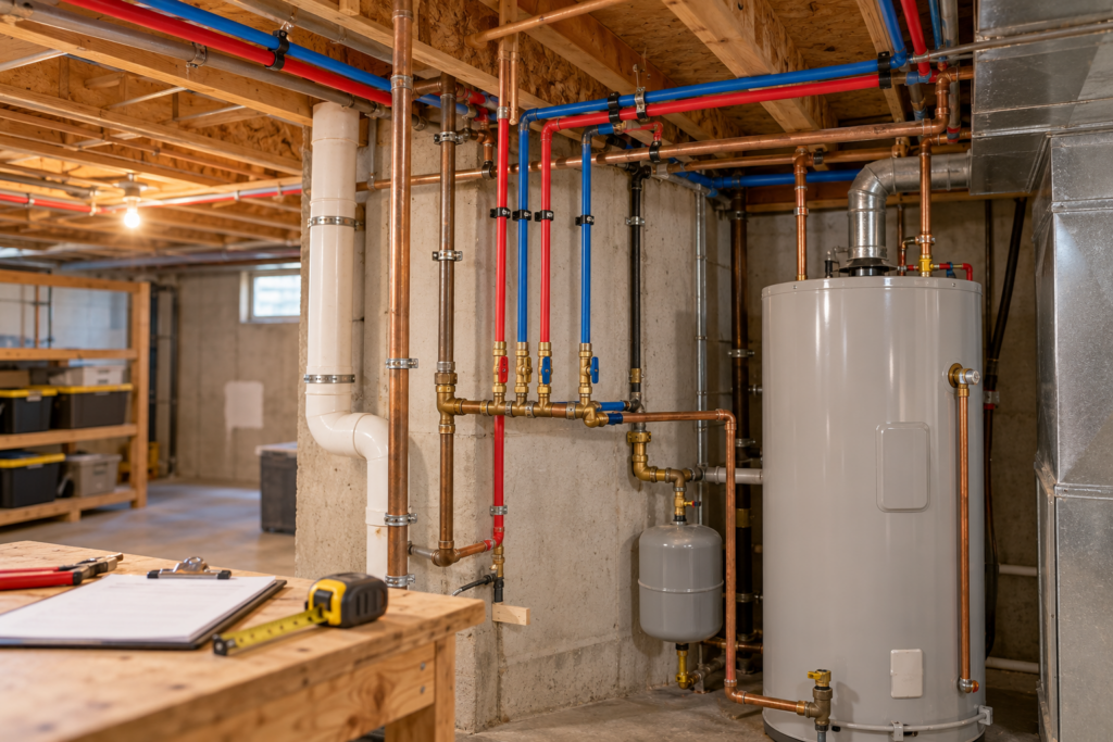 Illustrative basement scene with copper and PEX supply piping during repipe planning